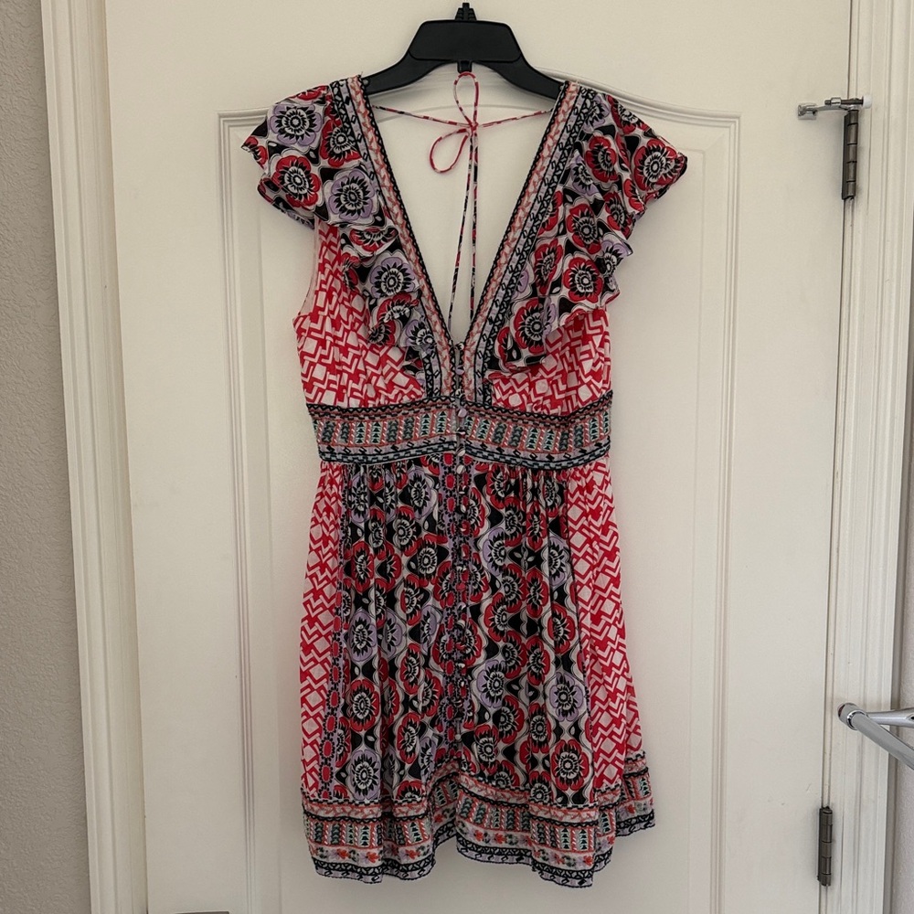 Anthropologie Red and Black Printed V-Neck Ruffle Mini Dress